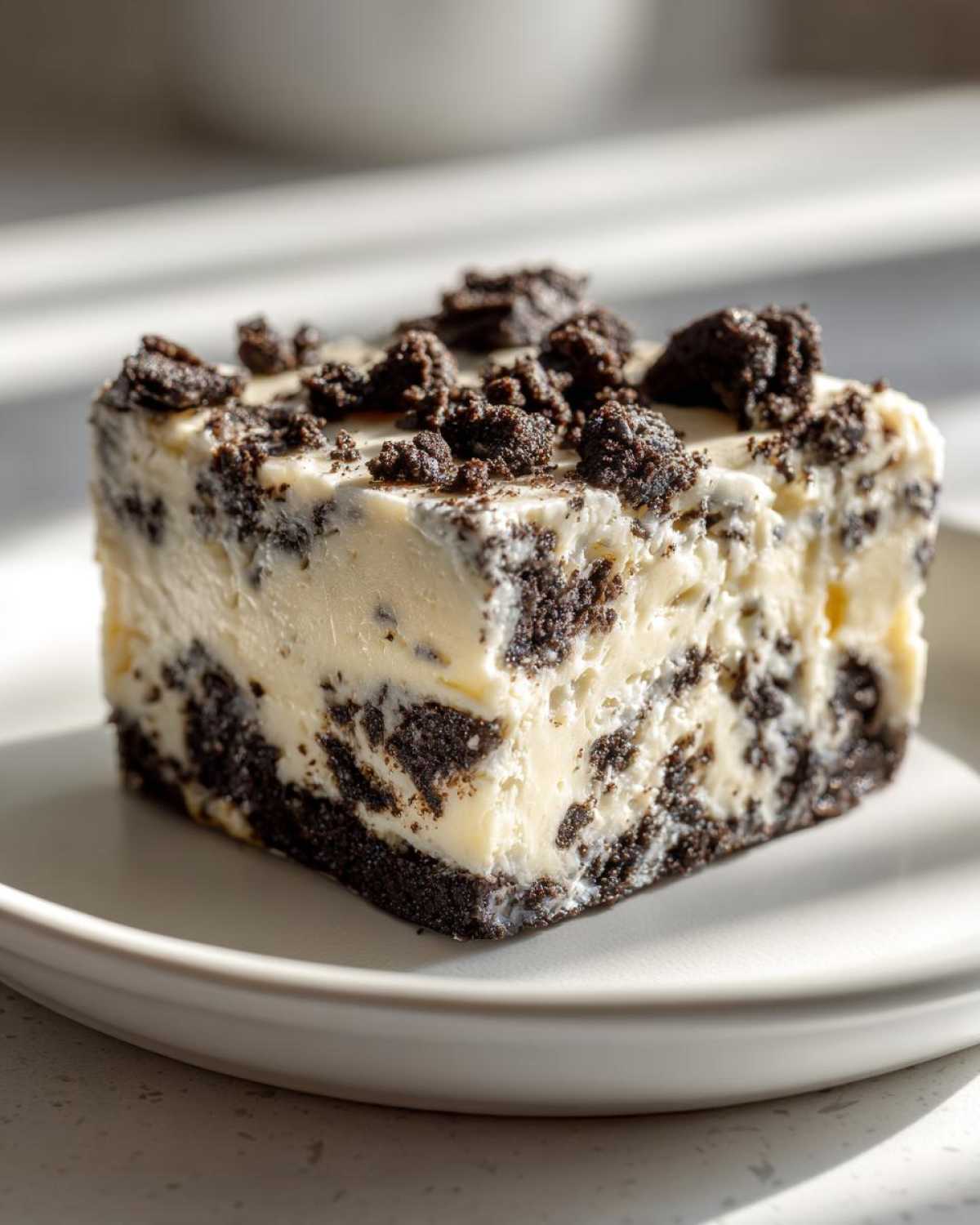 A rich, creamy square of white and dark chocolate oreo fudge topped with cookie crumbles on a white plate.