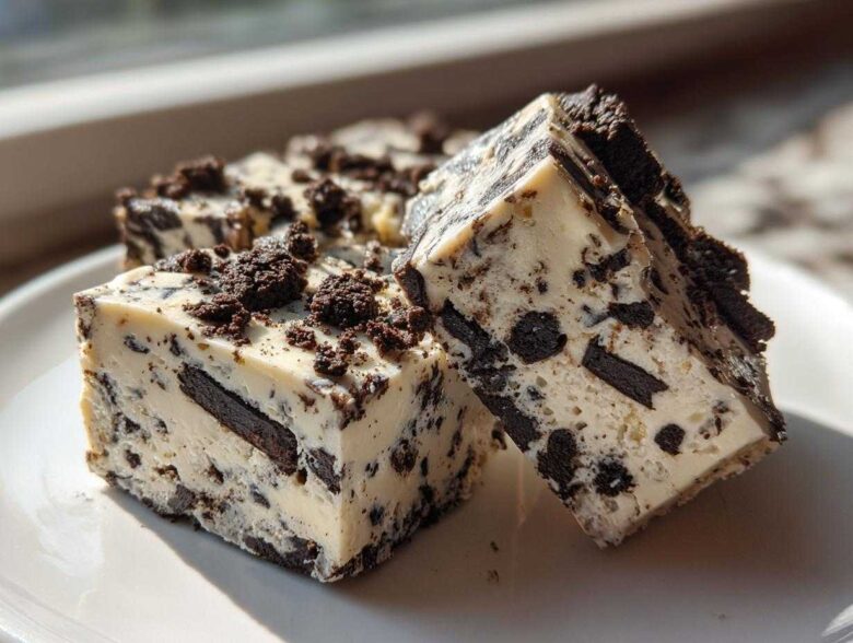 Two rich squares of white chocolate Oreo fudge studded with dark cookie pieces, sitting on a white plate.