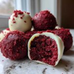 A pile of rich red velvet cake balls, some dipped in white chocolate, with one cut open showing the dense interior.