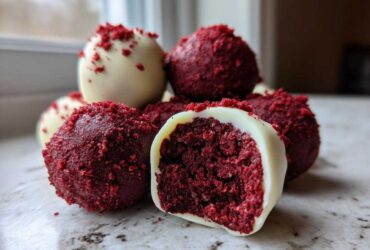 A pile of rich red velvet cake balls, some dipped in white chocolate, with one cut open showing the dense interior.
