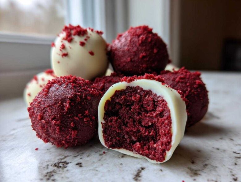A pile of rich red velvet cake balls, some dipped in white chocolate, with one cut open showing the dense interior.