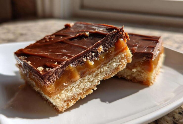 Two decadent, layered twix cookie bars featuring a shortbread base, thick caramel, and a rich chocolate topping, served on a white plate.