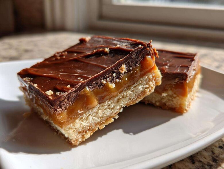 Two decadent, layered twix cookie bars featuring a shortbread base, thick caramel, and a rich chocolate topping, served on a white plate.