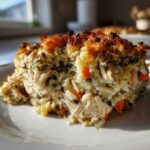 A close-up serving of creamy chicken wild rice casserole with a crispy, golden-brown topping on a white plate.