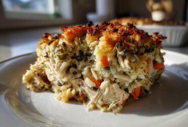 A close-up serving of creamy chicken wild rice casserole with a crispy, golden-brown topping on a white plate.