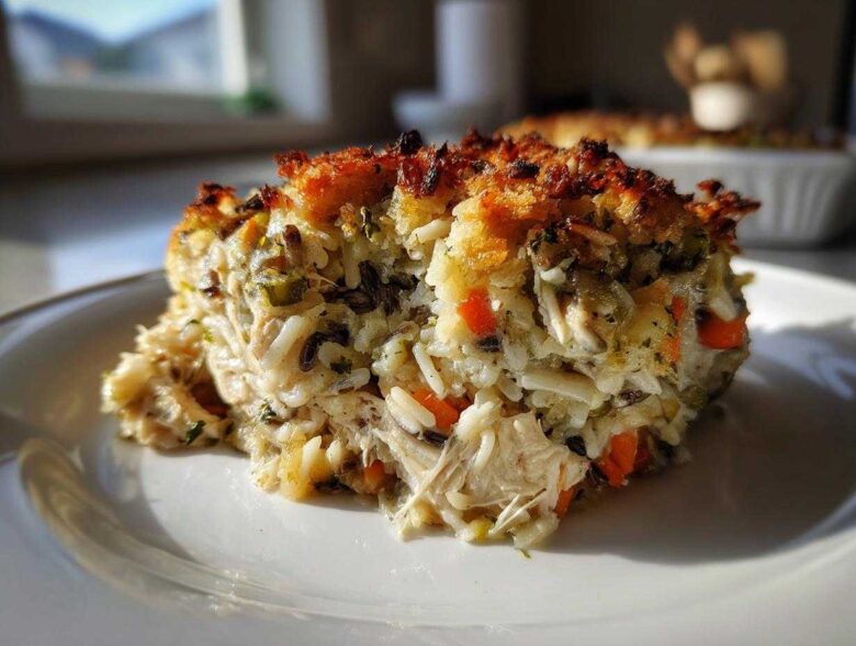 A close-up serving of creamy chicken wild rice casserole with a crispy, golden-brown topping on a white plate.