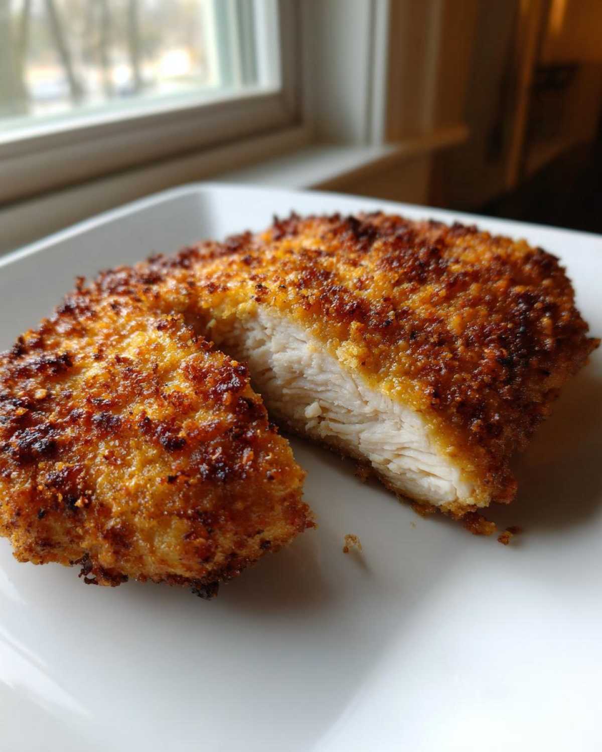 Close-up of a perfectly cooked air fryer chicken breast, sliced to show juicy white meat and crispy golden breading.
