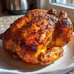 A whole chicken cooked perfectly golden brown and crispy in an air fryer, resting on a white plate.