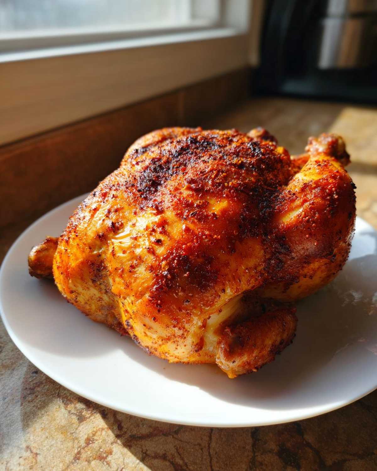 A whole roasted chicken with crispy, seasoned skin resting on a white plate, cooked using an air fryer whole chicken recipe.
