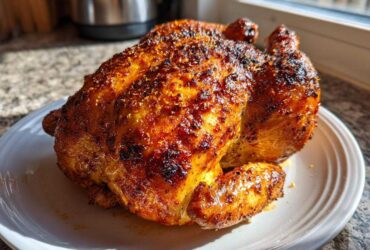 A whole chicken cooked perfectly golden brown and crispy in an air fryer, resting on a white plate.