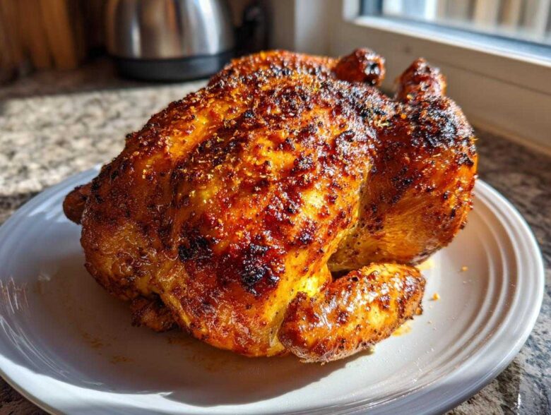 A whole chicken cooked perfectly golden brown and crispy in an air fryer, resting on a white plate.