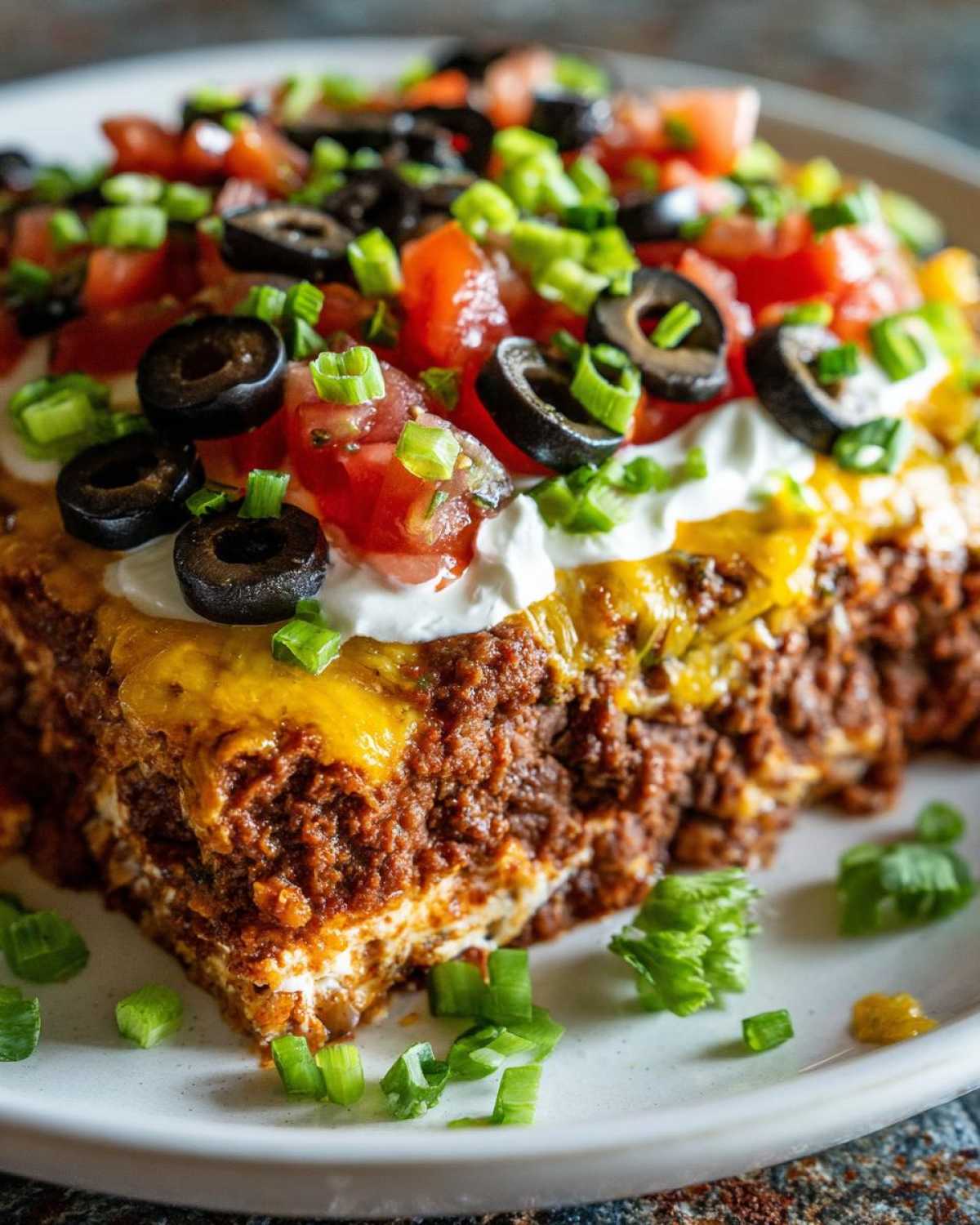 A close-up, cross-section view of a serving of 7 layer dip showing layers of seasoned meat, cheese, sour cream, tomatoes, olives, and green onions.