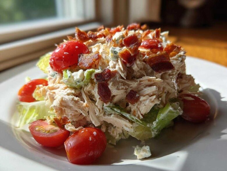 A mound of creamy blt chicken salad topped with crispy bacon bits and fresh cherry tomatoes on a white plate.
