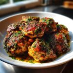 A close-up of several golden brown, glazed chicken bites seasoned with herbs and sitting in savory pan juices.