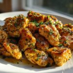 Close-up of golden brown, glazed chicken bites sprinkled generously with fresh parsley.