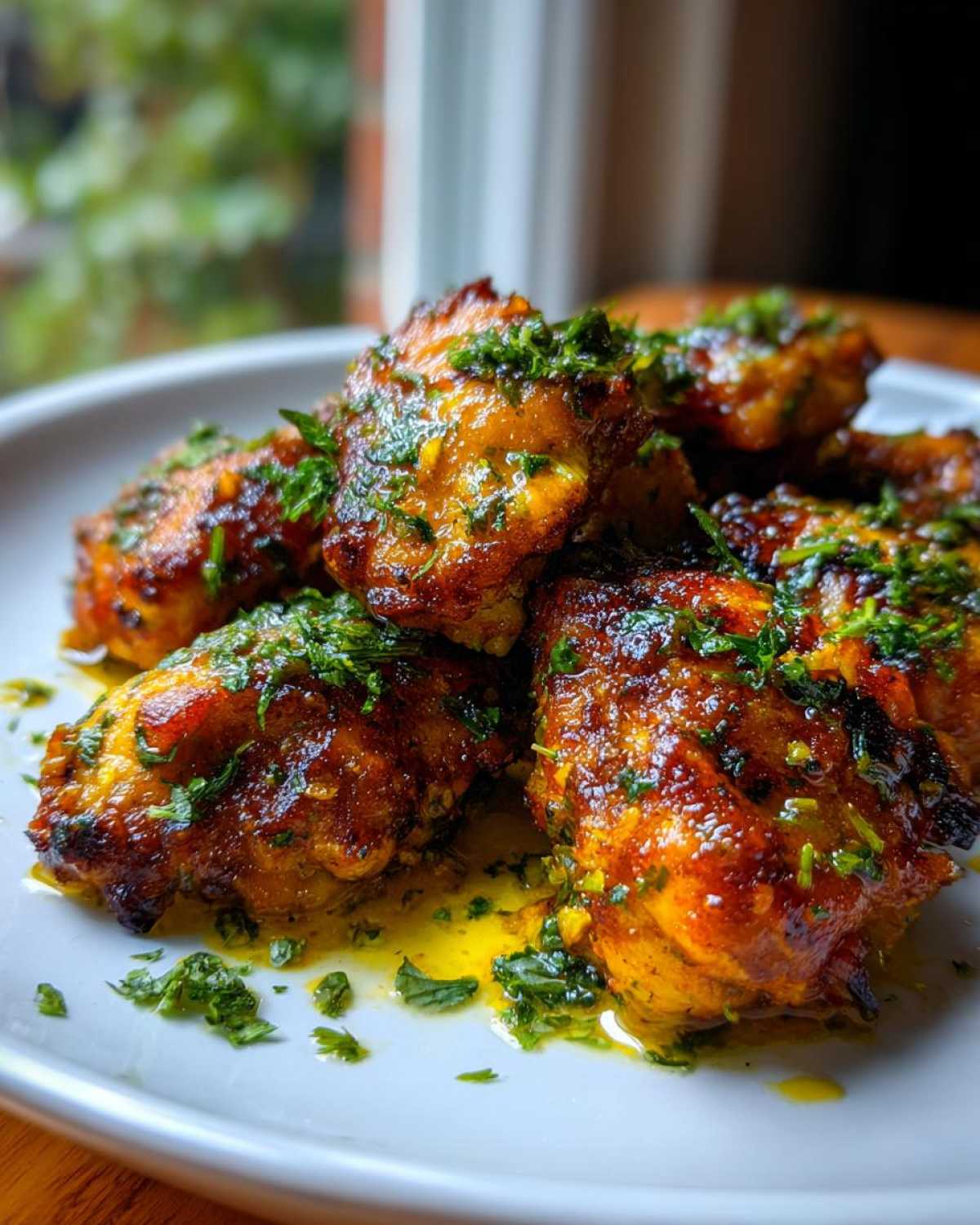 Close-up of golden brown, glazed chicken bites topped with fresh chopped parsley, sitting in savory juices.