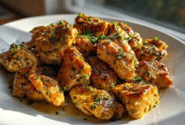 Close-up of golden brown, glazed chicken bites sprinkled generously with fresh parsley.