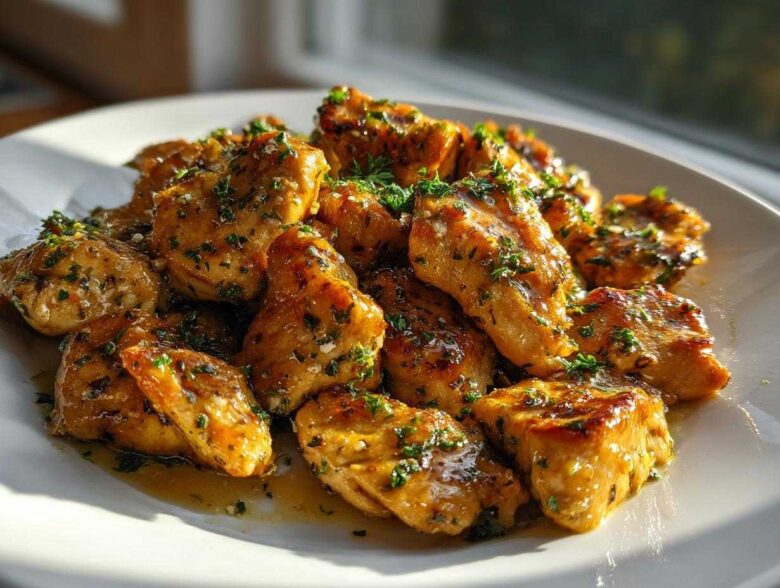 Close-up of golden brown, glazed chicken bites sprinkled generously with fresh parsley.