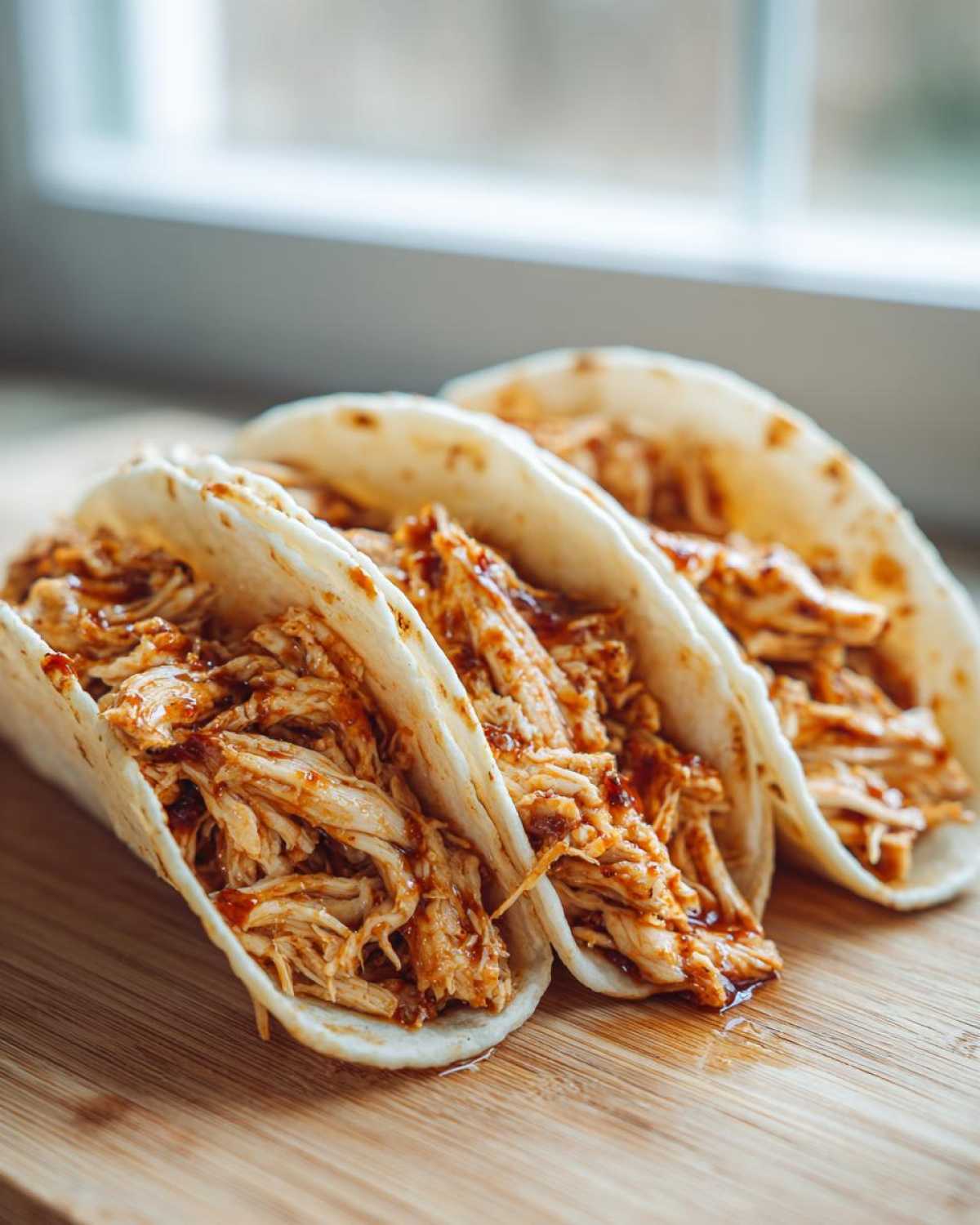 Three soft tortilla chicken tacos filled with saucy shredded chicken, resting on a wooden board.