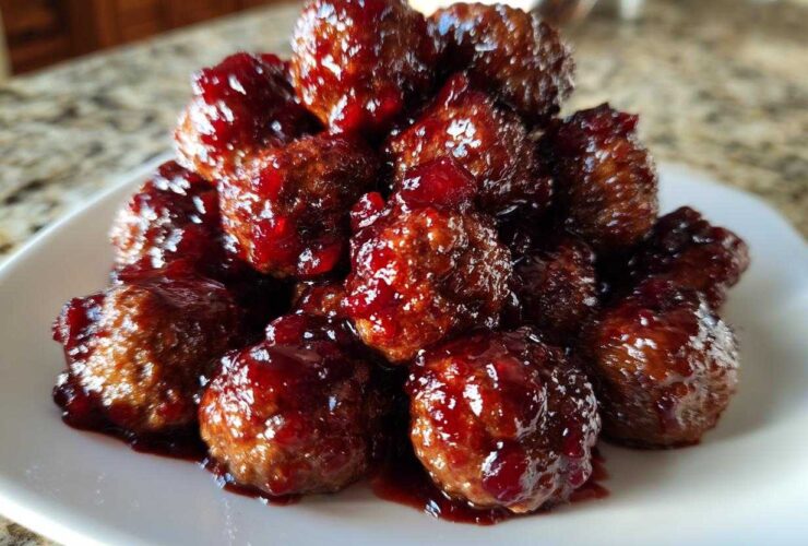 A close-up of a pile of glazed cranberry meatballs glistening with a dark red sauce on a white plate.