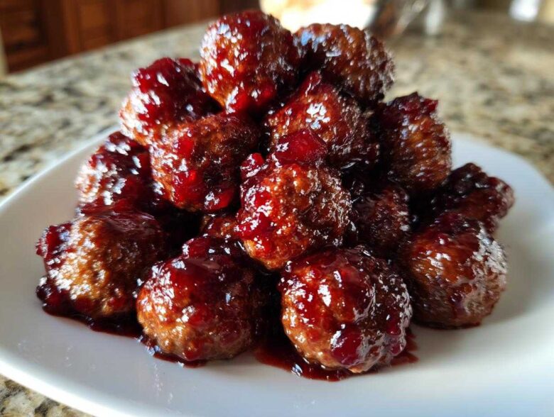 A close-up of a pile of glazed cranberry meatballs glistening with a dark red sauce on a white plate.