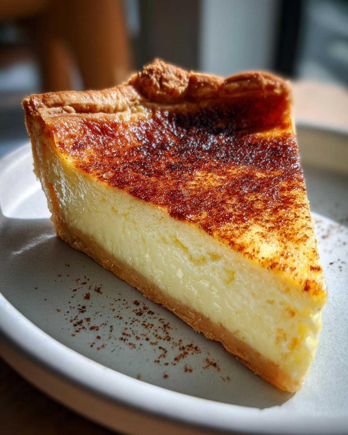 A thick slice of creamy custard pie with a deeply caramelized, torched top, served on a light plate.