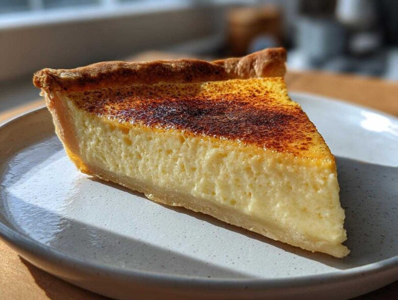 A close-up slice of amazing custard pie with a creamy yellow filling and a beautifully caramelized, slightly burnt sugar top.