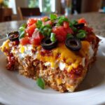 A close-up slice of the 7 layer dip showing layers of beans, cheese, sour cream, tomatoes, olives, and green onions.