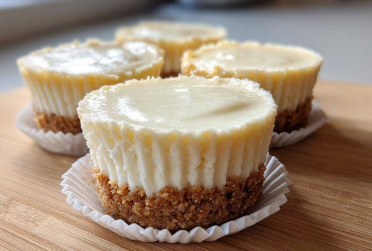 Four perfectly formed mini cheesecake desserts with graham cracker crusts sitting on a wooden board.