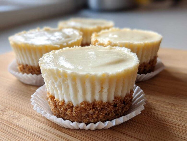 Four perfectly formed mini cheesecake desserts with graham cracker crusts sitting on a wooden board.