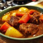 Close-up of a bowl filled with tender chunks of pork stew, carrots, and potatoes in rich gravy.