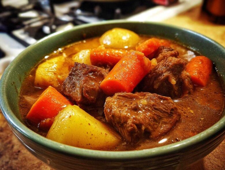 Close-up of a bowl filled with tender chunks of pork stew, carrots, and potatoes in rich gravy.