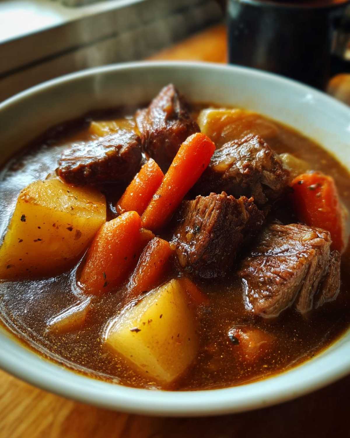 A close-up shot of a steaming bowl of amazing 8-hour pork stew, featuring tender chunks of meat, carrots, and potatoes in a rich brown broth.