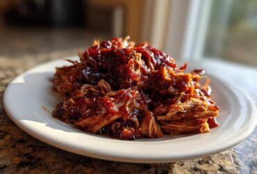 A mound of tender, saucy pulled chicken glistening under natural light on a white plate.