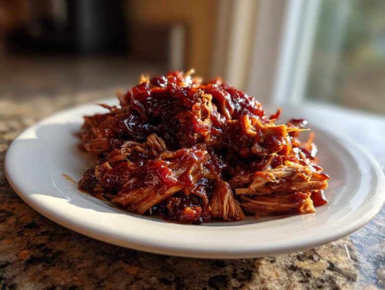 A mound of tender, saucy pulled chicken glistening under natural light on a white plate.