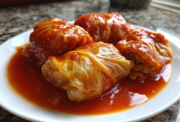 Four servings of amazing Stuffed Cabbage Rolls simmered in a rich, red tomato sauce on a white plate.