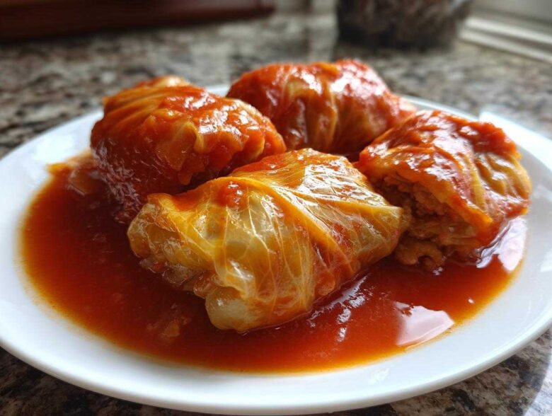 Four servings of amazing Stuffed Cabbage Rolls simmered in a rich, red tomato sauce on a white plate.