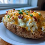 A close-up of a fully loaded twice baked potato, stuffed with creamy filling, melted cheddar cheese, bacon bits, and green onions.