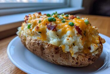 A close-up of a fully loaded twice baked potato, stuffed with creamy filling, melted cheddar cheese, bacon bits, and green onions.