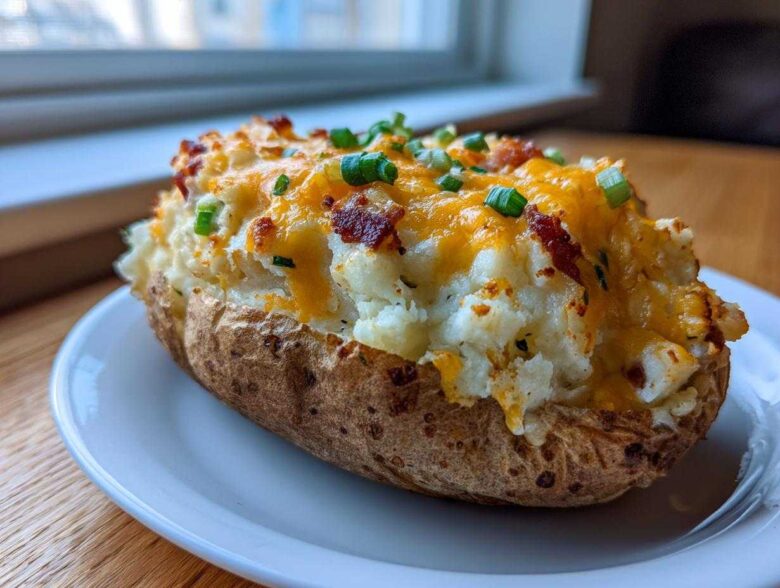 A close-up of a fully loaded twice baked potato, stuffed with creamy filling, melted cheddar cheese, bacon bits, and green onions.