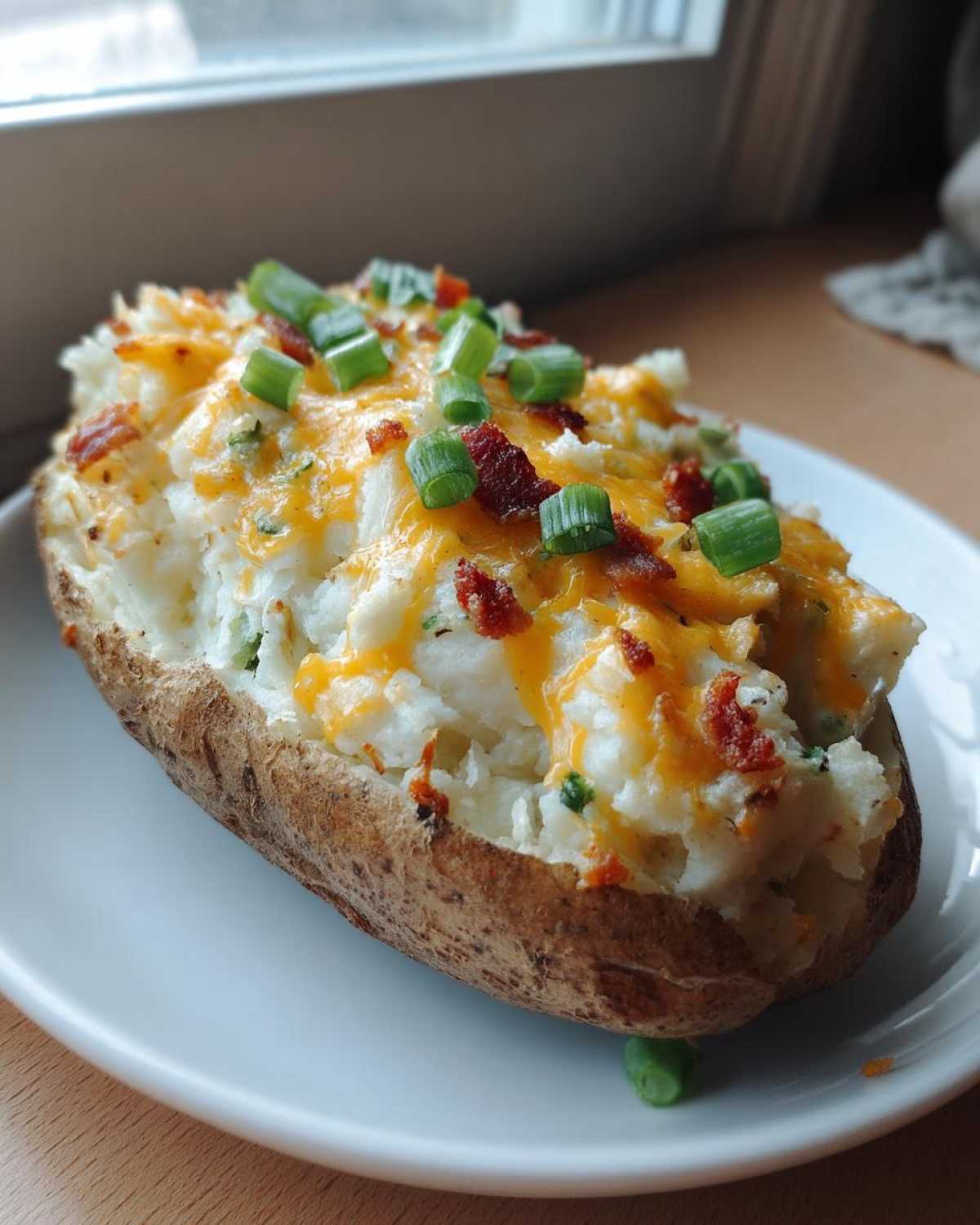A fully loaded twice baked potato overflowing with mashed filling, melted cheddar cheese, bacon bits, and green onions.