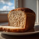 A freshly baked loaf of whole wheat bread with one slice cut and resting on a white plate, backlit by a window.