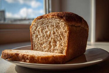 A freshly baked loaf of whole wheat bread with one slice cut and resting on a white plate, backlit by a window.