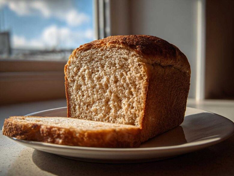 A freshly baked loaf of whole wheat bread with one slice cut and resting on a white plate, backlit by a window.