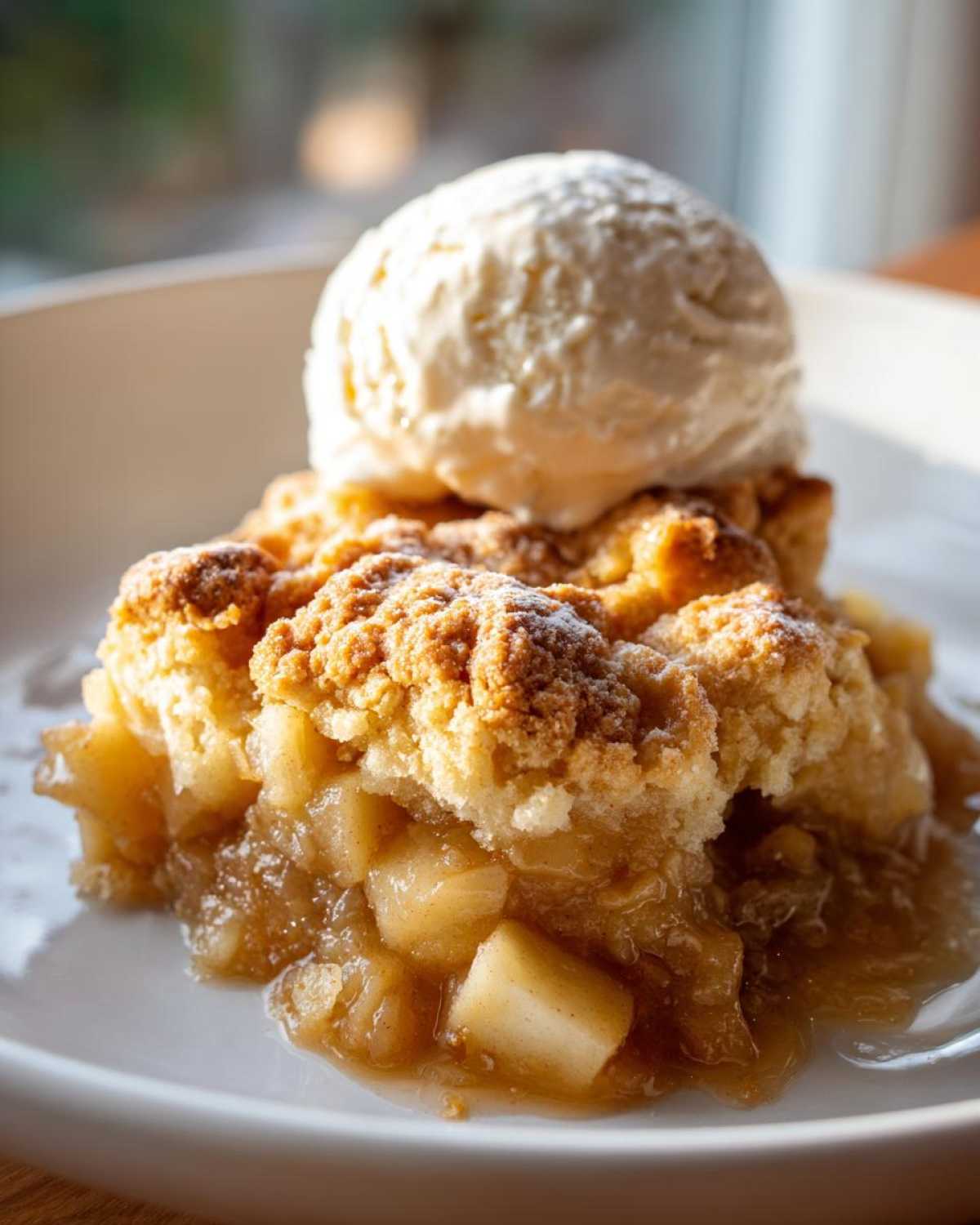 Close-up of a warm serving of apple cobbler recipe topped with a scoop of vanilla ice cream.