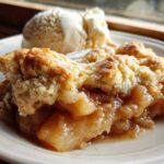 Close-up of a warm serving of apple cobbler recipe topped with vanilla ice cream.