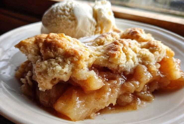 Close-up of a warm serving of apple cobbler recipe topped with vanilla ice cream.