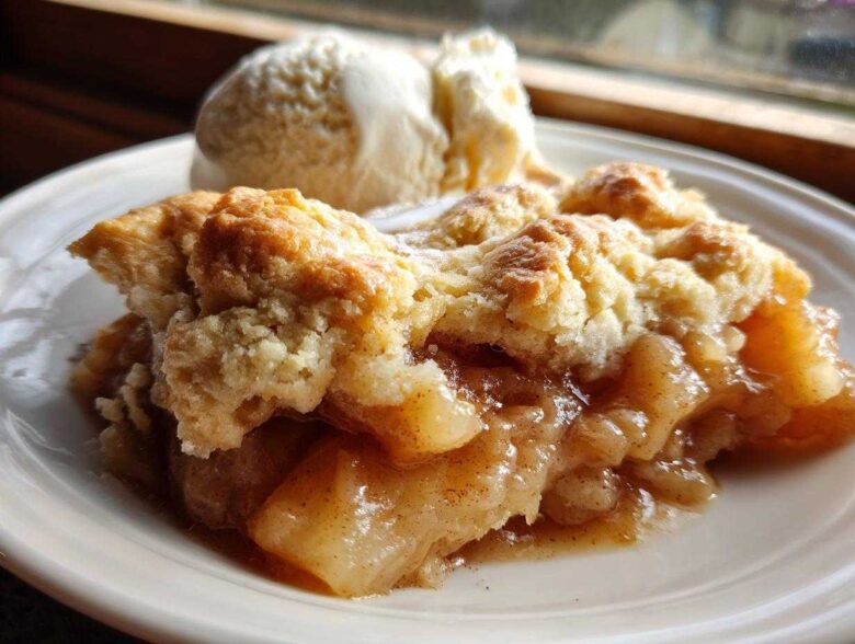 Close-up of a warm serving of apple cobbler recipe topped with vanilla ice cream.