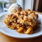 A generous slice of warm apple cobbler recipe with a crumbly topping served with vanilla ice cream.