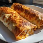 Two golden-brown Baked Chicken Chimichangas resting on a white plate, showing melted cheese filling.